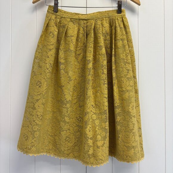 Vintage Lace Midi Tea Skirt Women Small Yellow Twee Floral Feminine Spring Chic - Picture 1 of 7